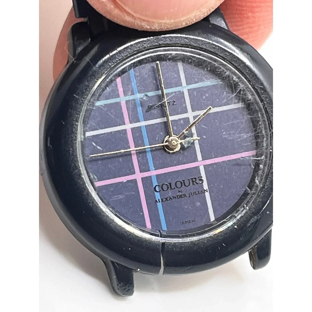 Colours by Alexander Julian Vintage Plaid Watch Navy Blue Acrylic Case Box READ